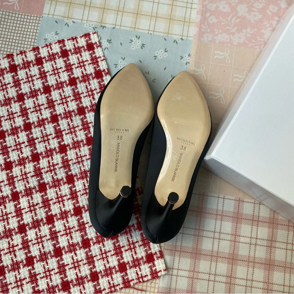 Manolo Blahnik Black Embellished Satin Pointed Toe Flats